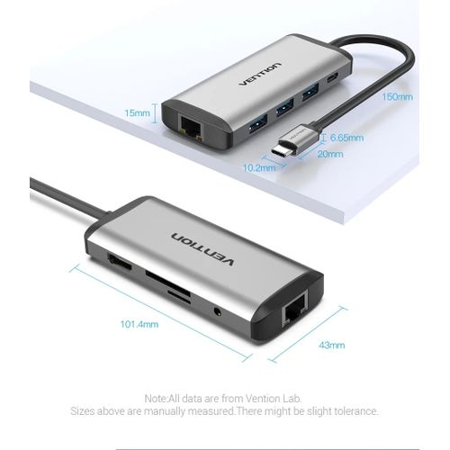Vention USB C Multi-function 9 in 1 Docking Station Type-C to HDMI/USB3.0*3/TF/SD/RJ45/3.5mm/PD Docking Station 0.15m Gray Metal Type ( 87W)