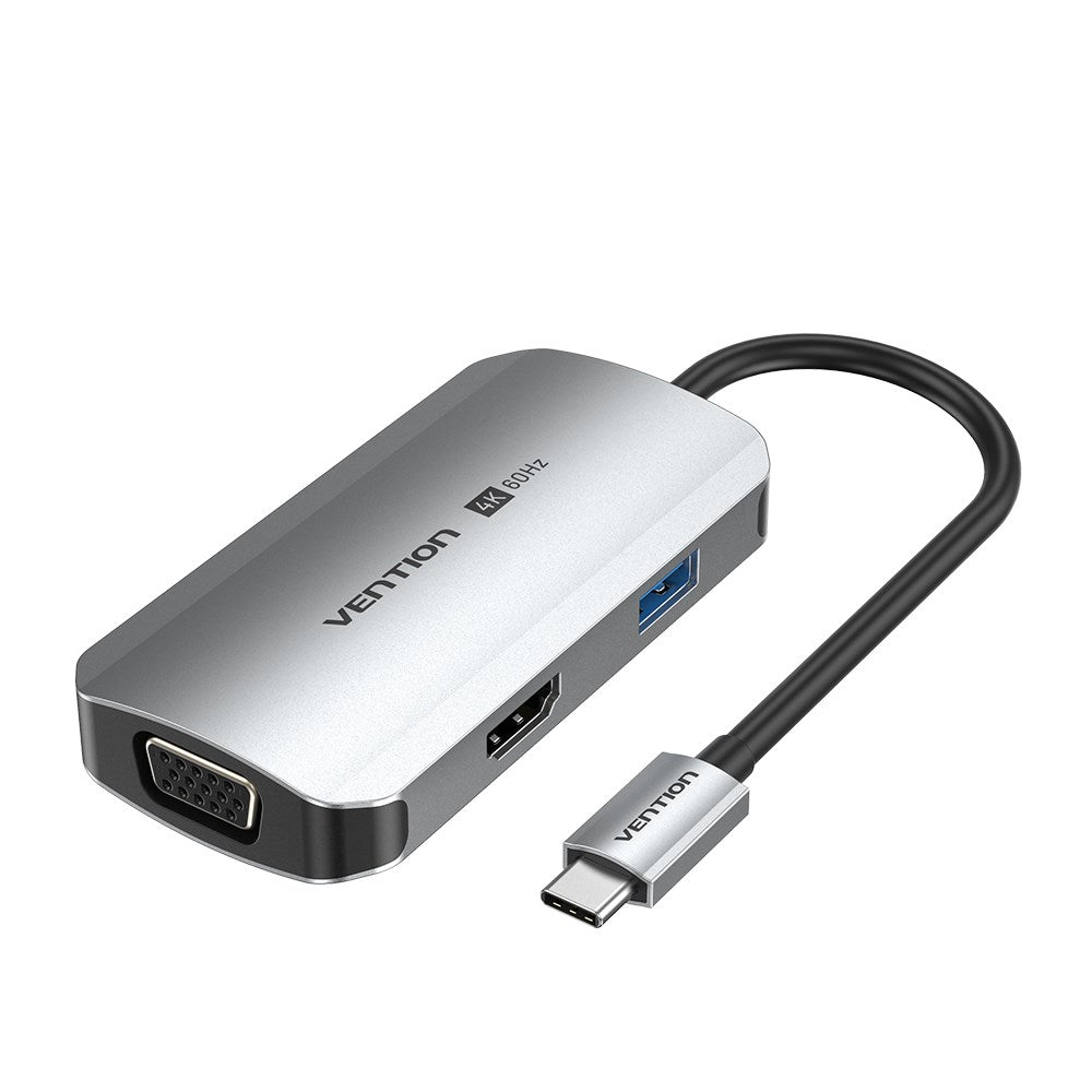 Vention USB C Multi-function 4 in 1 Docking Station, USB-C to HDMI/VGA/USB 3.0/PD Docking Station 0.15M Gray Aluminum Alloy Type