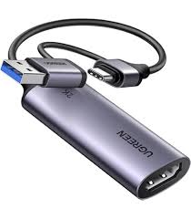 UGREEN UG-25854 HD USB video capture card. 4K @ 30Hz HDMI input, 1080p @ 60fps capture output. Dual USB-A and USB-C interface. Plug and play, no drivers needed.