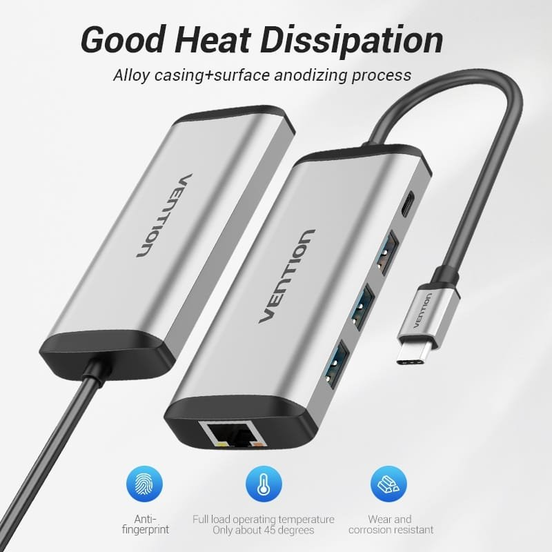 Vention USB-C MULTI-FUNCTIONAL 5 in 1 DOCKING STATION Type C to USB 3.0(3 ports), Gigabit Ethernet, PD Docking Station