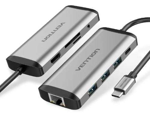 Vention USB C Multi-function 9 in 1 Docking Station Type-C to HDMI/USB3.0*3/TF/SD/RJ45/3.5mm/PD Docking Station 0.15m Gray Metal Type ( 87W)