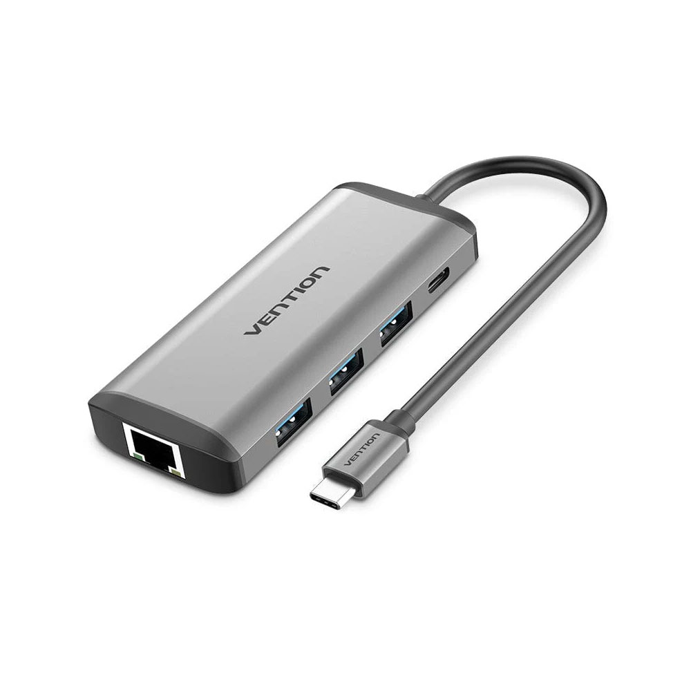 Vention USB C Multi-function 8 in 1 Docking Station Type-C to HDMI/USB3.0*3/RJ45/TF/SD/PD Converter 0.15M Gray Metal Type ( 87W)