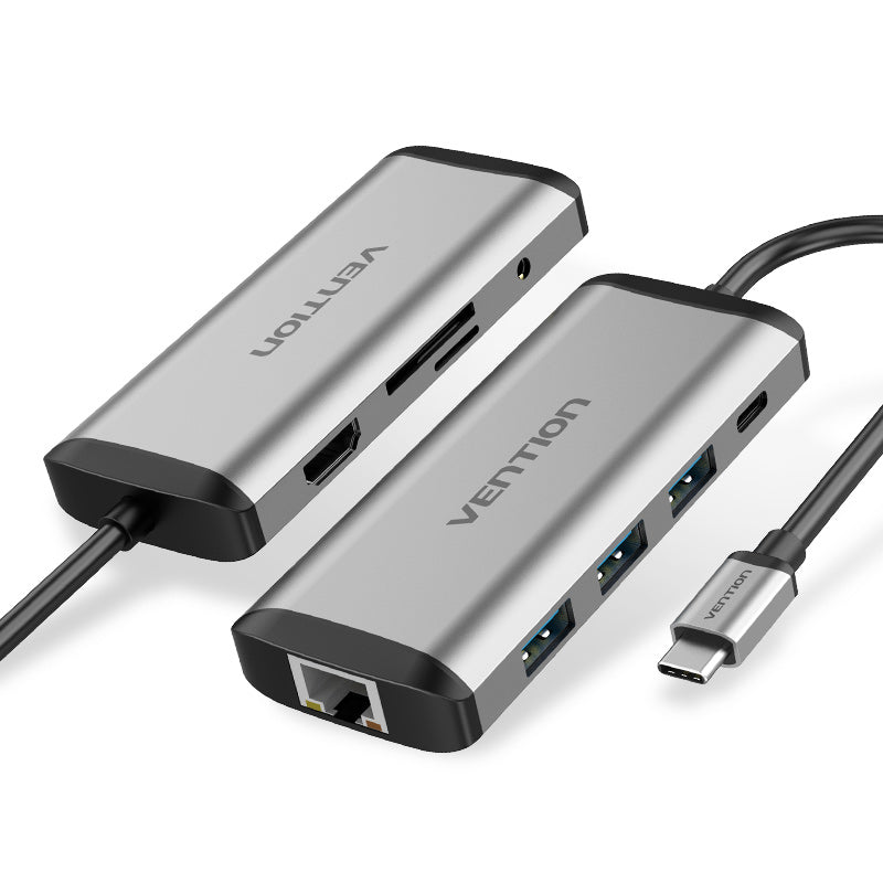 Vention USB C Multi-function 9 in 1 Docking Station to HDMI/USB 3.0 x 3/RJ45/SD/TF/TRRS 3.5mm/PD Docking Station 0.15M Gray Aluminum Alloy Type