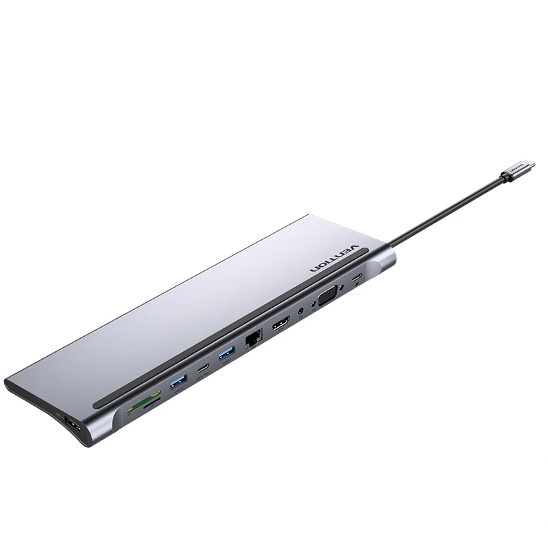 Vention 11 in 1 Multi-function Docking Station USB-C to HDMI/VGA/USB-C Gen 1/USB 3.0x2/USB 2.0/RJ45/SD/TF/TRRS 3.5mm/PD Docking Station 0.25m Gray Metal Type