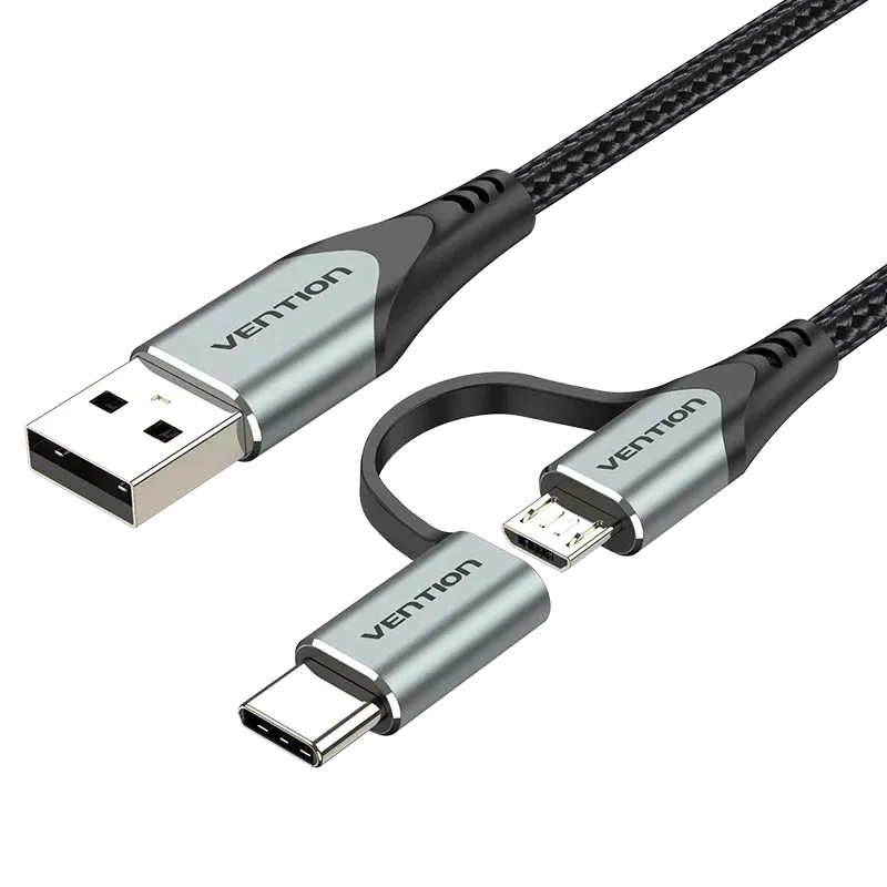 Vention USB 2.0 A Male to 2-in-1 Micro-B&USB-C Male 3A Cable 0.5M Gray Aluminum Alloy Type