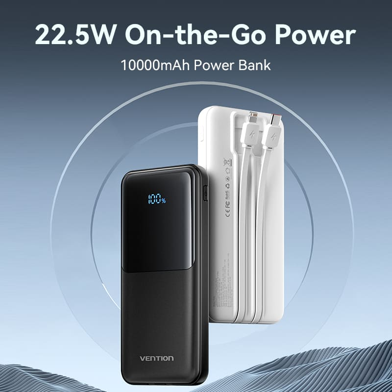 Vention 10000mAh Power Bank (Micro-USB + USB-C + USB-A + USB-A) with Integrated USB-C and Lightning Cables 22.5W Black LED Display Type