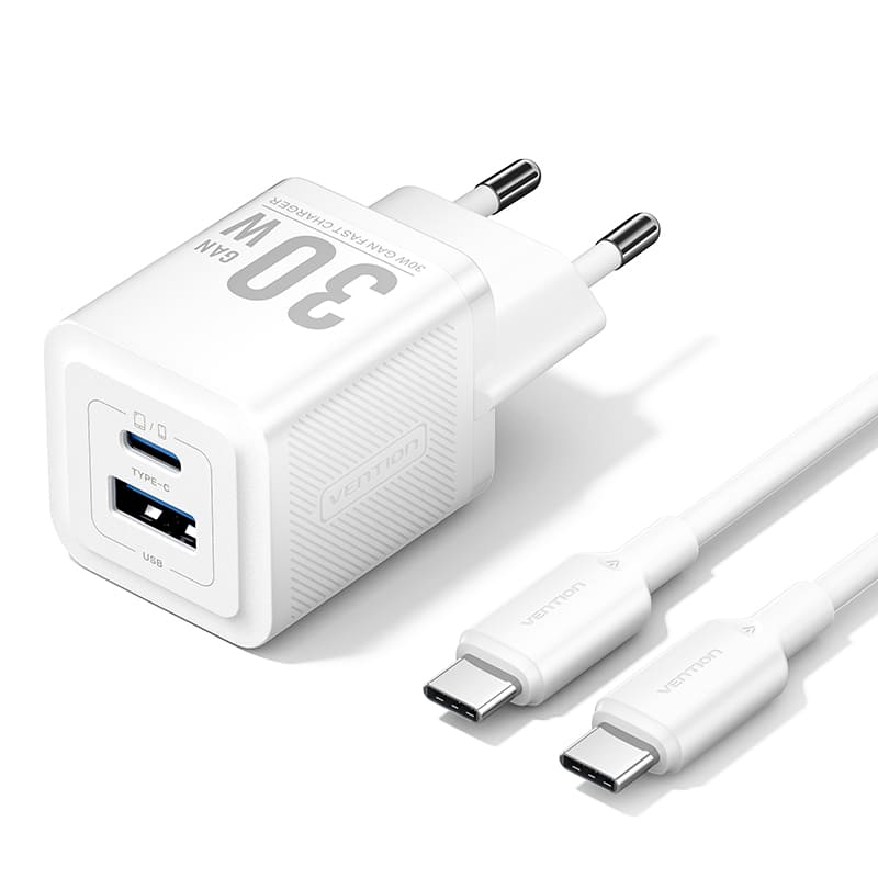 Vention 2-Port USB (C + A) GaN Charger (30W/30W) with USB-C to USB-C Cable (1M) UK-Plug White