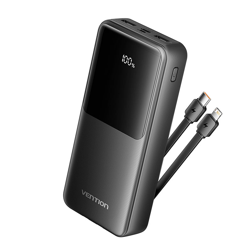 Vention 20000mAh Power Bank (Micro-USB + USB-C + USB-A + USB-A) with Integrated USB-C and Lightning Cables 22.5W Black LED Display Type